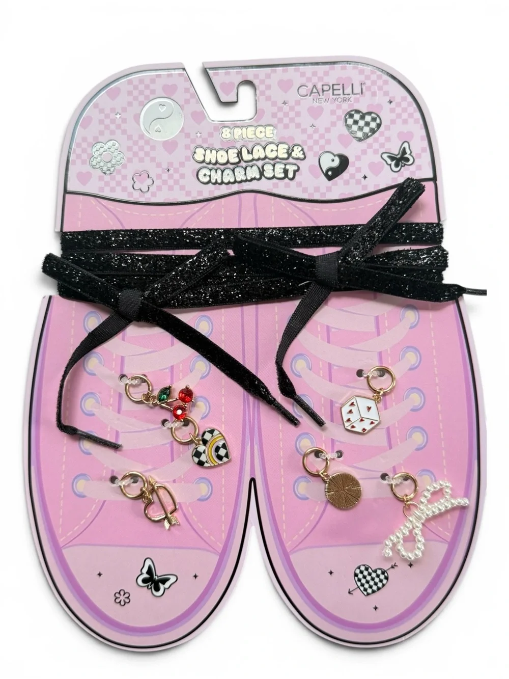 Capelli New York Girls 8 Piece Shoe Lace & Charm Set Black Glitter NWT